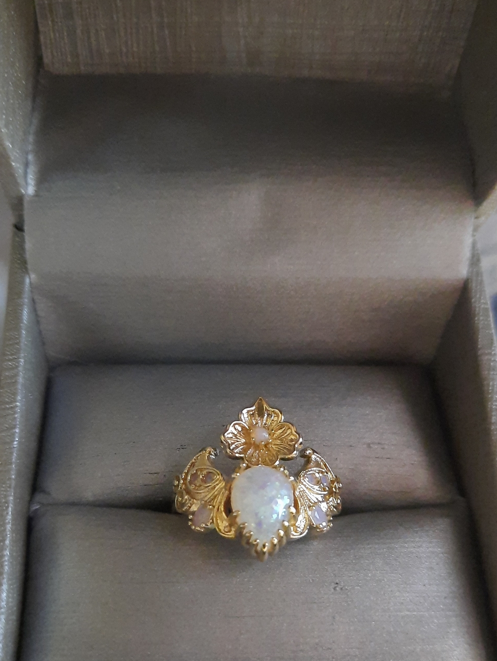 Gold Opal Teardrop Ring with Floral Accents - Women Jewelry Size 7